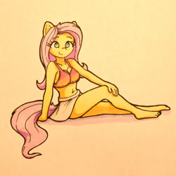 Size: 1373x1373 | Tagged: safe, artist:mindofnoodles, derpibooru import, fluttershy, anthro, plantigrade anthro, barefoot, breasts, feet, hootershy, sitting, solo