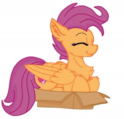 Size: 1272x1221 | Tagged: safe, artist:applebloomyloves, artist:lisathefire, derpibooru import, scootaloo, pegasus, pony, base used, box, chest fluff, cute, cutealoo, eyes closed, if i fits i sits, older, older scootaloo, pony in a box, simple background, smiling, solo, white background