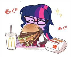 Size: 1080x870 | Tagged: safe, artist:flutteryaylove, derpibooru import, edit, edited edit, sci-twi, twilight sparkle, equestria girls, burger, eating, food, hamburger, simple background, soda, twilight burgkle, white background