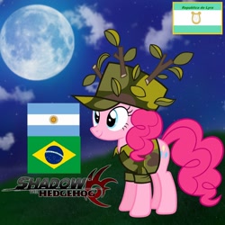 Size: 1440x1440 | Tagged: safe, derpibooru import, pinkie pie, argentina, brazil, clothes, cloud, facebook, hill, military uniform, moon, night, profile picture, republica de lyra, shadow the hedgehog (game), smiling, uniform