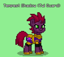 Size: 948x840 | Tagged: safe, derpibooru import, tempest shadow, pony, unicorn, armor, broken horn, female, green background, horn, mare, pony town, royal guard, simple background, solo, tempest becomes a royal guard, twilight guard