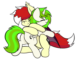 Size: 2383x1855 | Tagged: safe, artist:aaathebap, derpibooru import, oc, oc only, oc:aaaaaaaaaaa, oc:vinyl mix, bat pony, pony, unicorn, butt, duo, hug, plot, simple background, white background