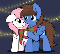 Size: 2109x1904 | Tagged: safe, artist:aaathebap, derpibooru import, oc, oc:bizarre song, oc:sugar morning, pegasus, pony, christmas, clothes, duo, ears, eye clipping through hair, female, floppy ears, holiday, hoof hold, looking at each other, looking at someone, male, oc x oc, one eye closed, scarf, shared clothing, shared scarf, shipping, smiling, straight, sugarre