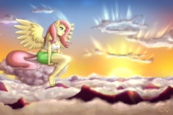 Size: 2000x1333 | Tagged: safe, artist:empyu, derpibooru import, fluttershy, anthro, pegasus, plantigrade anthro, barefoot, breasts, clothes, cloud, equestria girls outfit, feet, hootershy, sitting, sunset