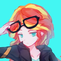 Size: 1080x1080 | Tagged: safe, artist:上啊可乐, derpibooru import, sunset shimmer, human, blue background, cyan background, glasses, humanized, simple background, solo