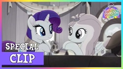 Size: 1280x720 | Tagged: safe, derpibooru import, screencap, kerfuffle, rarity, monochrome, smiling, youtube