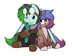 Size: 2484x1926 | Tagged: safe, artist:aaathebap, derpibooru import, oc, oc only, oc:gryph xander, oc:midnight winds, pegasus, pony, unicorn, clothes, duo, female, goggles, goggles on head, hug, jewelry, male, mare, middergryph, oc x oc, shipping, simple background, sitting, stallion, straight, transparent background, winghug, wings