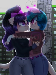 Size: 1500x2000 | Tagged: safe, artist:taiweiart, derpibooru import, oc, oc only, anthro, earth pony, building, clothes, earth pony oc, female, fingerless gloves, gloves, heart, hug, lesbian, oc x oc, outdoors, pants, shipping, watermark