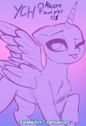 Size: 645x946 | Tagged: safe, artist:taiweiart, derpibooru import, oc, oc only, alicorn, pony, :p, alicorn oc, chest fluff, commission, female, horn, mare, one eye closed, solo, tongue, tongue out, wings, wink, your character here