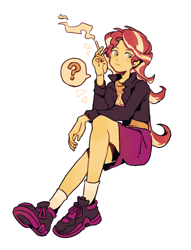 Size: 1400x1837 | Tagged: safe, artist:yanming98294, derpibooru import, sunset shimmer, equestria girls, cigarette, question mark, simple background, sitting, smoking, solo, speech bubble, white background