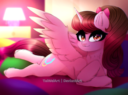 Size: 2025x1500 | Tagged: safe, artist:taiweiart, derpibooru import, oc, oc only, alicorn, pony, alicorn oc, eyelashes, female, horn, indoors, lamp, makeup, mare, smiling, solo, wings