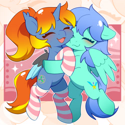 Size: 1772x1772 | Tagged: safe, derpibooru import, oc, oc:飒星, oc:黄昏夜雨, pegasus, pony, unicorn, artificial wings, augmented, bipedal, clothes, cute, group photo, horn, mechanical wing, socks, striped socks, wings