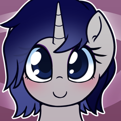 Size: 1000x1000 | Tagged: safe, artist:puetsua, derpibooru import, oc, oc:moonlit silver, pony, unicorn, blue eyes, blushing, female, gray coat, horn, looking at you, simple background, smiling, smiling at you, solo, unicorn oc