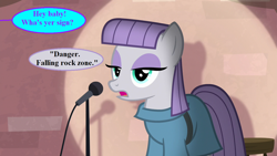 Size: 1280x720 | Tagged: safe, derpibooru import, edit, edited screencap, screencap, maud pie, the maud couple, dialogue, implied oc, maud pie is not amused, maud the comedian, microphone, offscreen character, pickup lines, shipping denied, speech bubble, spotlight, unamused