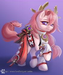Size: 3403x4096 | Tagged: safe, artist:caddea, derpibooru import, earth pony, pony, clothes, female, genshin impact, high res, looking at you, mare, ponified, raised hoof, raised leg, species swap, yae miko (genshin impact)