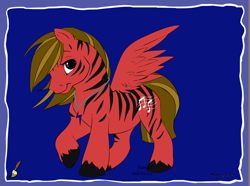 Size: 805x599 | Tagged: safe, artist:superwoodymatthew, derpibooru import, screencap, oc, oc only, oc:tiger symphony, pegasus, pony, black eye, blonde, blonde mane, blonde tail, blue background, jewelry, male, music notes, necklace, original character do not steal, pony maker, red and black oc, simple background, solo, tail, unshorn fetlocks, wings