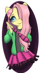 Size: 1240x2248 | Tagged: safe, artist:dumbwoofer, derpibooru import, fluttershy, anthro, choker, clothes, cute, draw this in your style, dtiys, dtiys emoflat, evening gloves, fingerless elbow gloves, fingerless gloves, gloves, hair over one eye, hoodie, long gloves, shyabetes, simple background, skirt, solo, spiked choker, striped gloves, sweater, transparent background