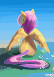 Size: 1748x2480 | Tagged: safe, artist:tcniu, derpibooru import, fluttershy, pegasus, pony, aside glance, butt, female, looking at you, looking back, looking back at you, mare, solo