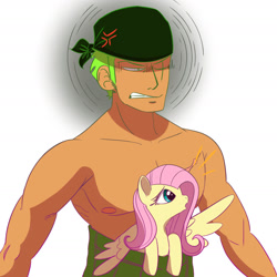 Size: 1715x1715 | Tagged: safe, artist:solarmantle, derpibooru import, fluttershy, human, pegasus, pony, anime, clothes, cross-popping veins, crossover, emanata, gritted teeth, nudity, one piece, partial nudity, roronoa zoro, teeth, topless