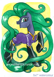 Size: 500x712 | Tagged: safe, artist:amymebberson, derpibooru import, mane-iac, earth pony, pony, bodysuit, clothes, eyelashes, female, looking at you, mare, solo, traditional art