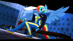 Size: 3840x2160 | Tagged: safe, artist:dark-fic, derpibooru import, rainbow dash, anthro, pegasus, 3d, bodysuit, clothes, ear fluff, ears, female, jacket, locker room, lockers, shoes, solo, source filmmaker, uniform, wonderbolts, wonderbolts uniform