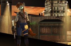 Size: 3286x2115 | Tagged: safe, artist:dark-fic, derpibooru import, oc, oc:littlepip, anthro, unicorn, fallout equestria, 3d, bandage, clothes, dirty, ear fluff, ears, female, fluffy, grenade, gun, jumpsuit, rifle, solo, source filmmaker, standing, tanktop, toned, tower, vault suit, weapon