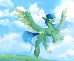 Size: 1280x1050 | Tagged: safe, artist:chamommile, derpibooru import, oc, oc only, oc:distant skies, pegasus, pony, cloud, commission, flying, sky background, ych result