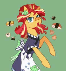 Size: 1902x2048 | Tagged: safe, artist:cerealcowboy1, derpibooru import, sunset shimmer, pony, unicorn, female, food, green background, horn, mare, musubi, nikuman, onigiri, open mouth, open smile, simple background, smiling, solo, sushi