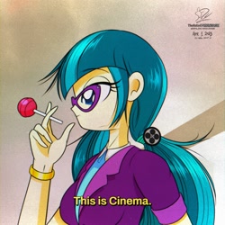 Size: 1920x1920 | Tagged: safe, artist:theratedrshimmer, derpibooru import, juniper montage, human, equestria girls, candy, chromatic aberration, female, food, lollipop, meme, ponified, ponified meme, solo, this is cinema