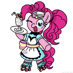 Size: 2048x2048 | Tagged: safe, artist:super-dead, derpibooru import, pinkie pie, earth pony, pony, bipedal, carhop, clothes, female, food, hat, ice cream, looking at you, one eye closed, ponytail, roller skates, server pinkie pie, simple background, skates, solo, waitress, white background