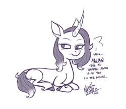 Size: 775x665 | Tagged: safe, artist:nekostar, derpibooru import, oleander, classical unicorn, unicorn, them's fightin' herds, 2023, blushing, cloven hooves, community related, dialogue, female, leonine tail, looking back, lying down, monochrome, oleandere, prone, signature, tail, tsundere, unshorn fetlocks