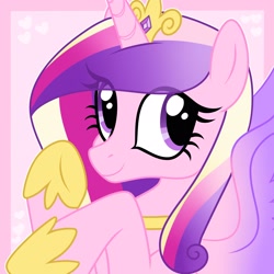 Size: 2048x2048 | Tagged: safe, artist:moonydropps, derpibooru import, princess cadance, alicorn, pony, g4, crown, female, jewelry, mare, purple eyes, regalia, smiling, solo, spread wings, wings