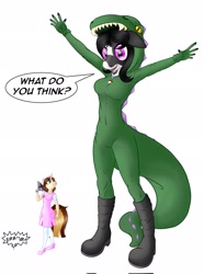 Size: 1527x2048 | Tagged: safe, artist:bridgettewolf, derpibooru import, oc, oc:elinvar, oc:inkenel, oc:oretha, anthro, boots, breasts, clothes, costume, female, giantess, macro, micro, shoes, shrunken, size difference