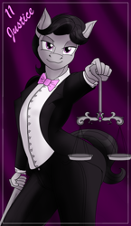 Size: 1100x1900 | Tagged: safe, alternate version, artist:sixes&sevens, derpibooru import, octavia melody, octavius, anthro, bowtie, clothes, curtains, justice, looking at you, major arcana, male, multiple variants, octavia, rule 63, scales, solo, suit, sword, tarot card, weapon