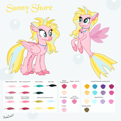 Size: 3890x3890 | Tagged: safe, artist:thunderdasher07, derpibooru import, oc, oc only, oc:sunny shore, hippogriff, seapony (g4), abstract background, bubble, color palette, folded wings, hippogriff oc, jewelry, necklace, reference sheet, seapony oc, solo, wings