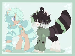 Size: 2048x1532 | Tagged: safe, artist:moonydropps, derpibooru import, oc, oc only, earth pony, pony, :p, clothes, duo, hoodie, mane, sweater, tail, tongue, tongue out