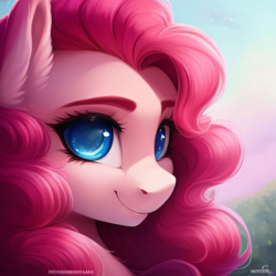 Size: 2048x2048 | Tagged: safe, derpibooru import, editor:be.yovrsxlf_, generator:purplesmart.ai, generator:stable diffusion, machine learning assisted, pinkie pie, earth pony, pony, bust, ear fluff, ears, eyebrows, female, fluffy hair, garden, looking at you, mare, morning, portrait, smiling, smiling at you, solo, text