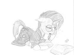 Size: 1256x942 | Tagged: safe, artist:styroponyworks, derpibooru import, sunburst, book, sketch, solo, tired