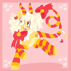 Size: 2048x2048 | Tagged: safe, artist:moonydropps, derpibooru import, oc, oc only, pony, bow, clothes, horns, open mouth, open smile, smiling, socks, solo, tail