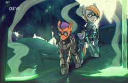 Size: 3376x2205 | Tagged: safe, artist:devi_shade, derpibooru import, oc, oc only, oc:ember eclipse, oc:glorious morning, alicorn, bat pony, pony, fallout equestria, alicorn oc, armor, armored pony, background, bat pony oc, fallout, forest, glasses, horn, male, radiation, wasteland, wings