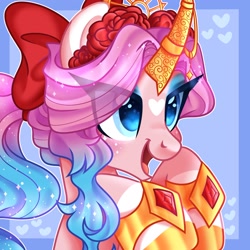 Size: 2048x2048 | Tagged: safe, artist:moonydropps, derpibooru import, oc, oc only, pony, unicorn, blue eyes, blushing, bow, female, gold, hair, hair bow, horn, mane, mare, open mouth, open smile, smiling, solo