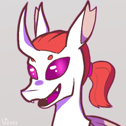 Size: 640x640 | Tagged: safe, artist:veesheep, derpibooru import, oc, oc:scorching heat, changeling, changeling oc, commission, fangs, gray background, no pupils, ponytail, purple eyes, red mane, simple background, smiling, white changeling