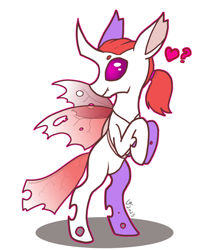 Size: 1446x1680 | Tagged: safe, artist:veesheep, derpibooru import, oc, oc:scorching heat, changeling, bipedal, changeling oc, commission, fangs, heart, hooves to the chest, no pupils, ponytail, purple eyes, red mane, smiling, white changeling
