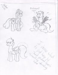 Size: 2552x3292 | Tagged: safe, artist:xyclone, derpibooru import, oc, oc only, oc:flashy, oc:humble pie, oc:ruby, earth pony, pegasus, pony, blushing, feather, male, signature, sketch, smoke, stallion, traditional art