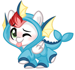 Size: 2436x2281 | Tagged: safe, artist:emberslament, derpibooru import, oc, oc:swift apex, pegasus, pony, :p, chibi, clothes, costume, kigurumi, looking at you, one eye closed, onesie, pokémon, simple background, solo, tongue, tongue out, vaporeon, wink, winking at you