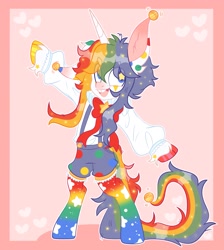 Size: 1837x2048 | Tagged: safe, artist:moonydropps, derpibooru import, semi-anthro, unicorn, clothes, ears, ears up, hair, horn, mane, open mouth, open smile, smiling, socks, solo, starry eyes, tail, wingding eyes