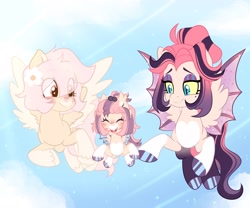 Size: 2048x1708 | Tagged: safe, artist:moonydropps, derpibooru import, bat pony, pegasus, pony, blushing, flower, flower in hair, flying, hair, mane, open mouth, open smile, smiling, spread wings, tail, wings