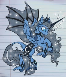 Size: 1753x2048 | Tagged: safe, artist:creeate97, derpibooru import, princess luna, alicorn, pony, female, flying, hybrid wings, leonine tail, lined paper, mare, solo, sparkles, tail, wings