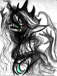 Size: 954x1280 | Tagged: safe, artist:luted, derpibooru import, princess luna, alicorn, pony, charcoal (medium), crown, female, jewelry, monochrome, neo noir, partial color, regalia, solo, traditional art, watercolor painting