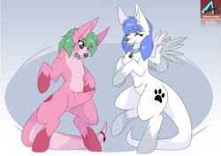 Size: 1100x777 | Tagged: safe, artist:arctic-fox, derpibooru import, oc, oc only, oc:pine berry, oc:snow pup, kangaroo, original species, pegasus, pony